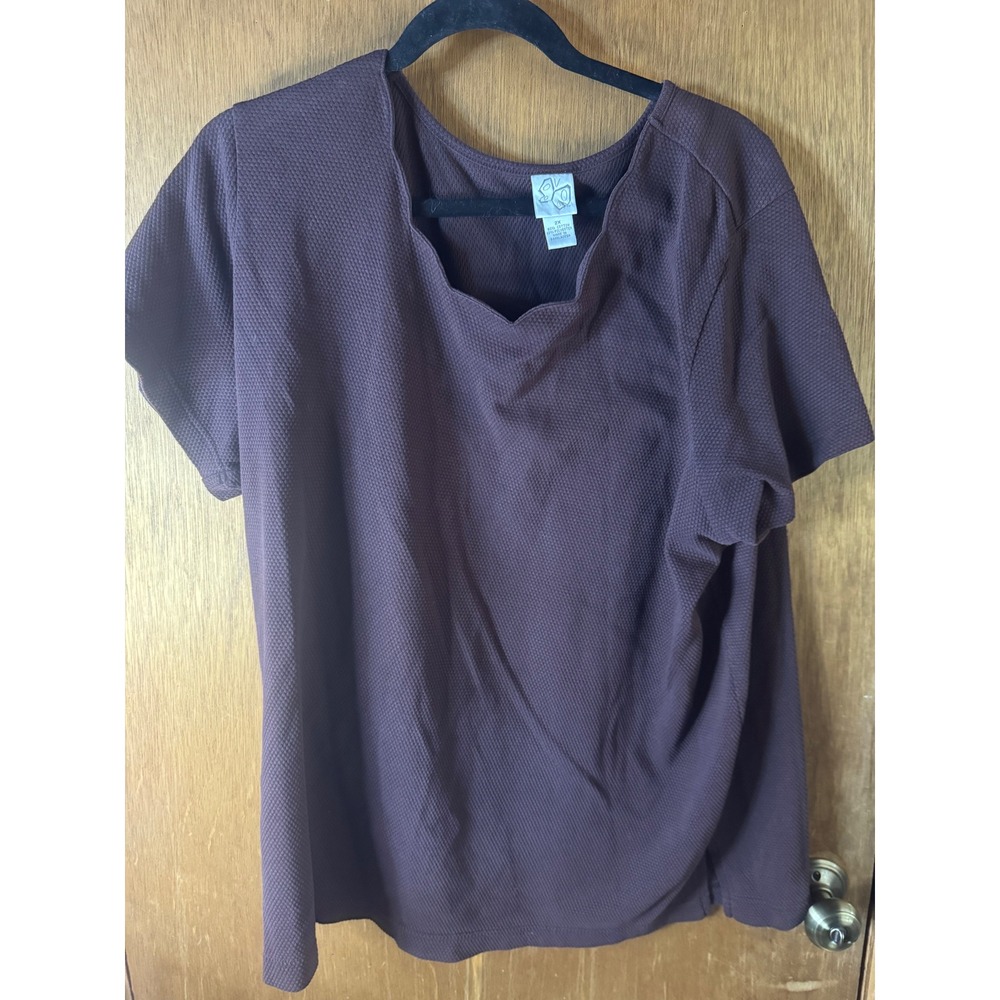 Studio Y Womens 2X Chocolate Brown Waffle Knit Short Sleeve Notch Neck Top